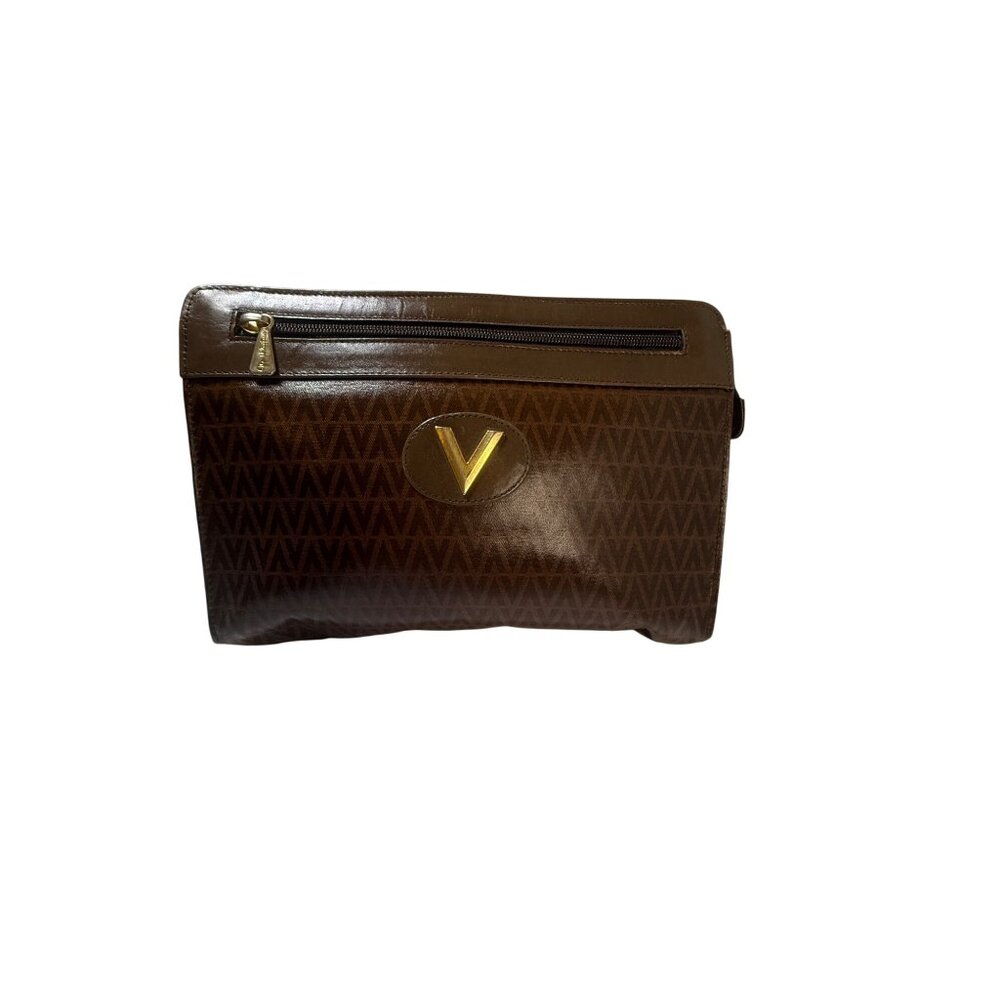 Authentic Valentino‎ Brown Leather Monogram Clutch Bag With Gold V Logo & Zipper